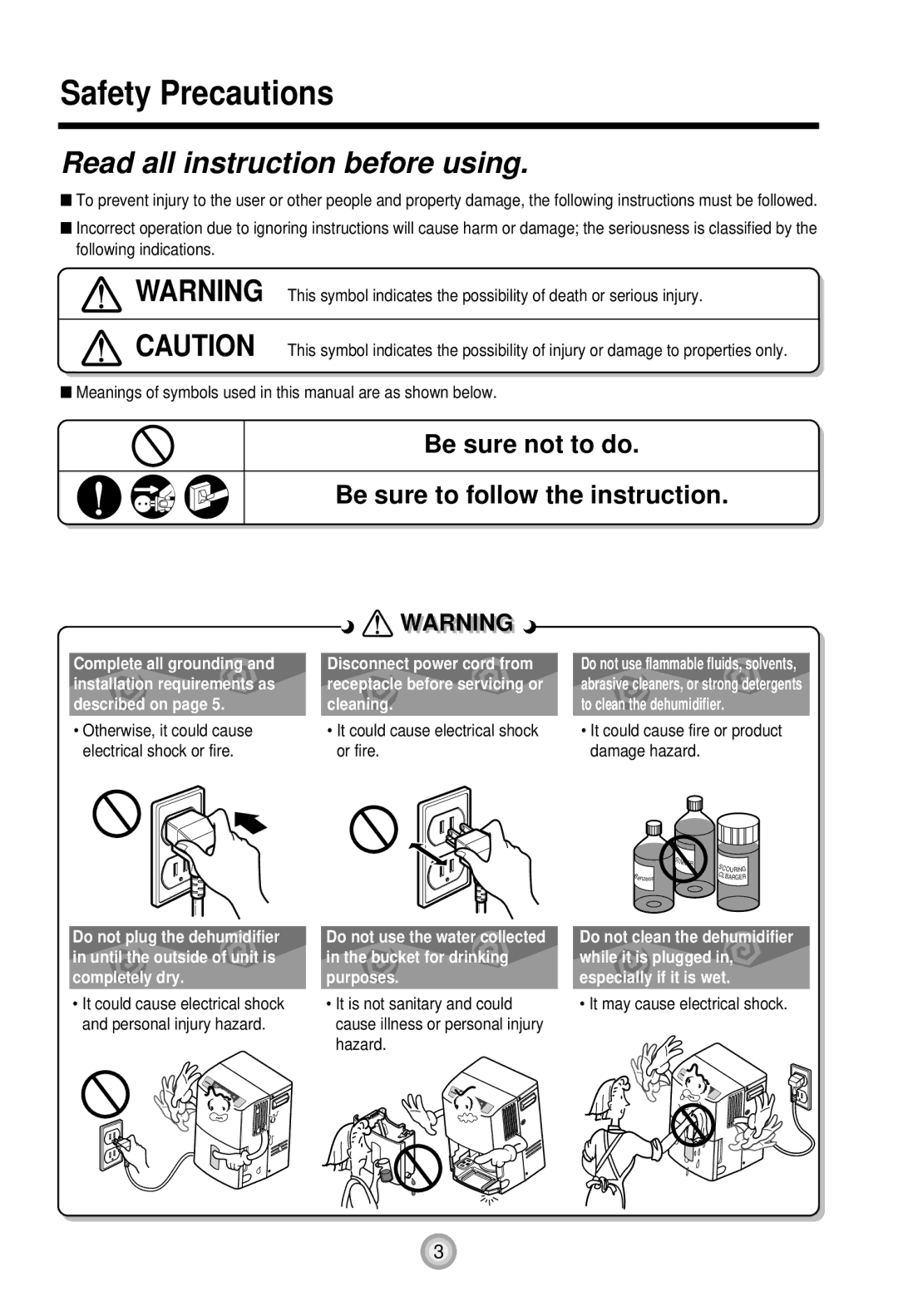 Goldstar DH65EL DH70EL Safety Precautions, Read all instruction before using, It could cause electrical shock or fire 