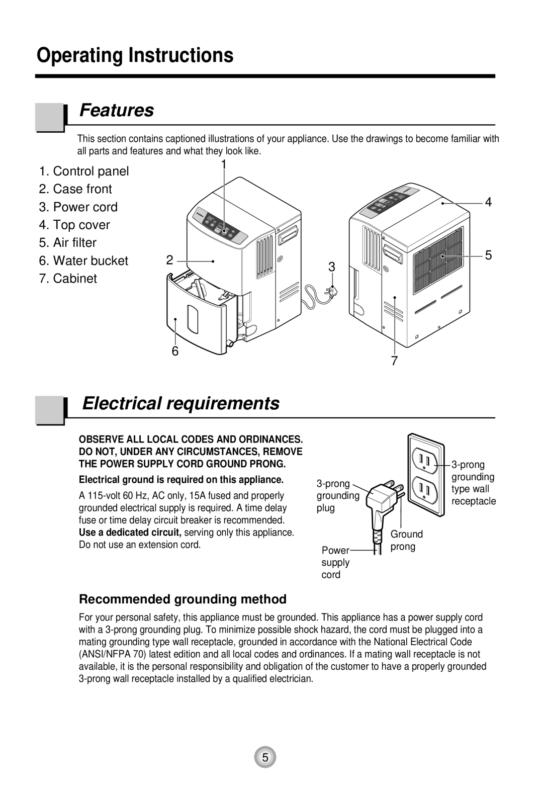 Goldstar DH30E, DH40E, DH50E, DH50EL, DH65E, DH65EL, DH70EL Operating Instructions, Features, Electrical requirements 