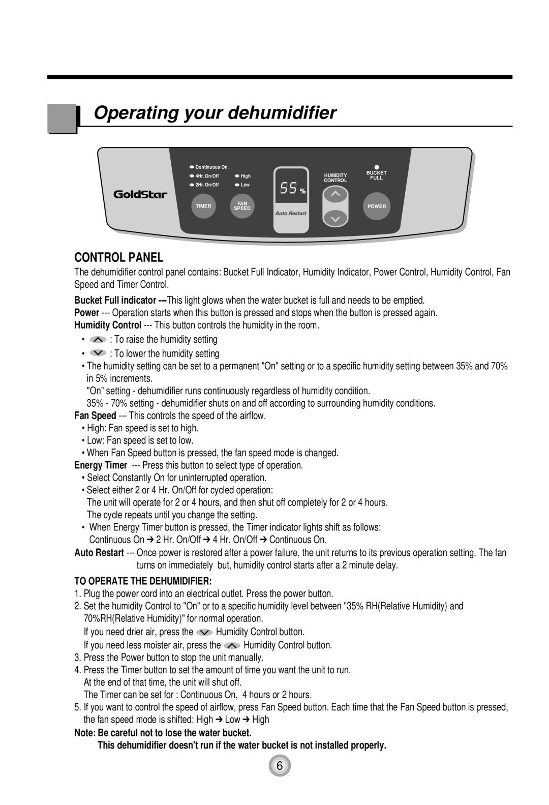 Goldstar DH65EL DH70EL Operating your dehumidifier, To raise the humidity setting To lower the humidity setting 