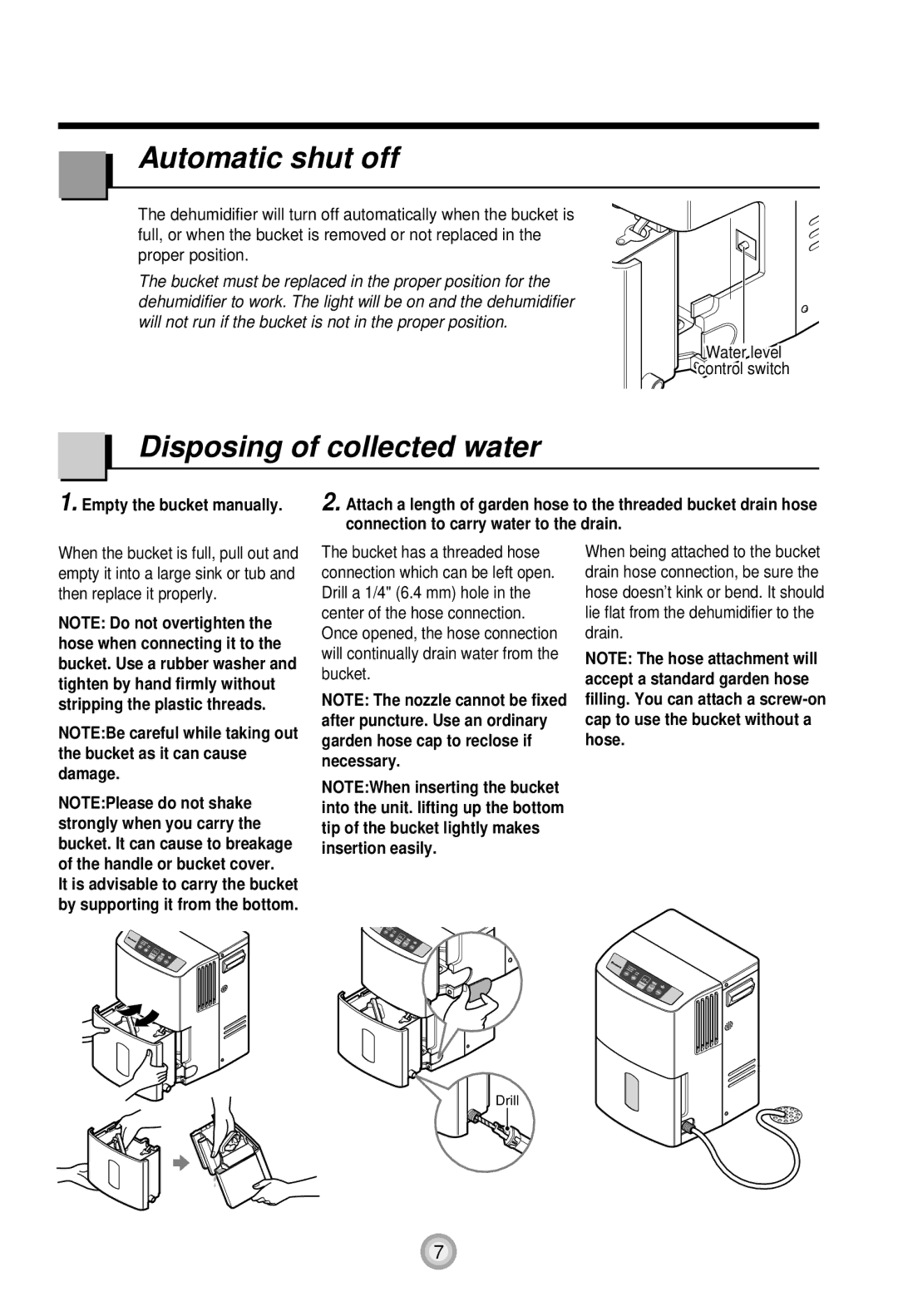 Goldstar DH50EL DH65E, DH65EL DH70EL owner manual Automatic shut off, Disposing of collected water 