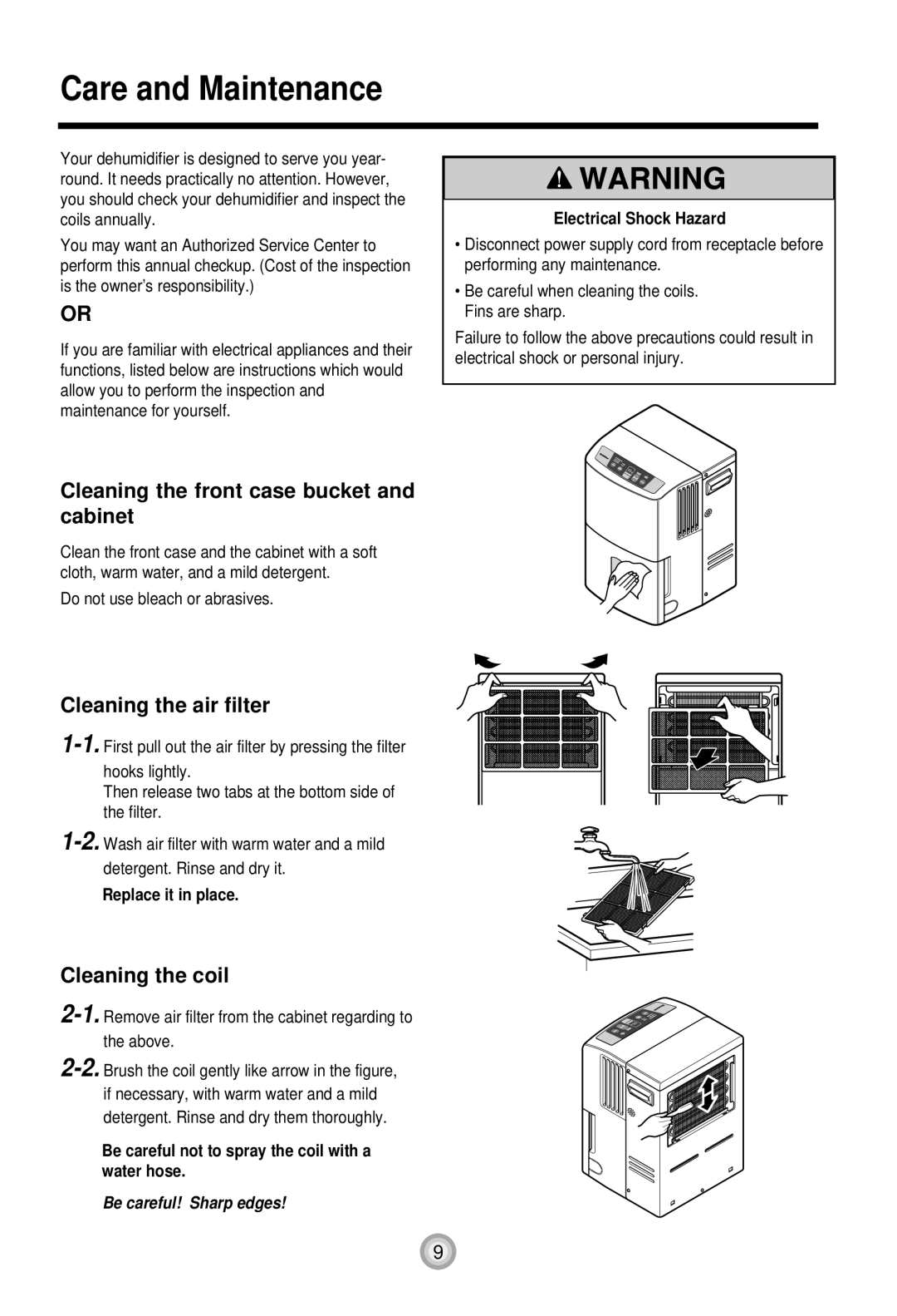 Goldstar DH65EL DH70EL, DH50EL DH65E owner manual Care and Maintenance, Do not use bleach or abrasives, Above 