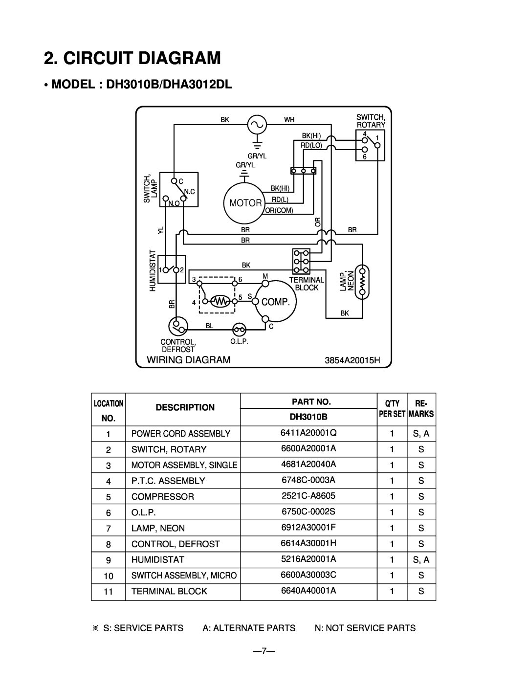 Goldstar DH5010B, DHA4012DL, DHA5012DL Circuit Diagram, MODEL DH3010B/DHA3012DL, Comp, Wiring Diagram, Description 