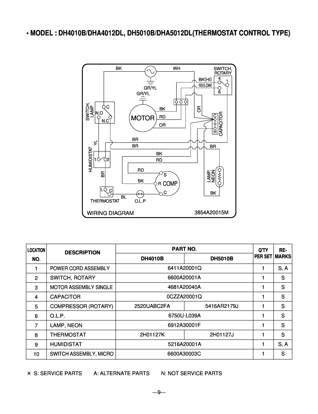 Goldstar DH3010B, DHA4012DL, DHA5012DL, DHA3012DL service manual Wiring Diagram, Motor Rd, Description, DH4010B, DH5010B 