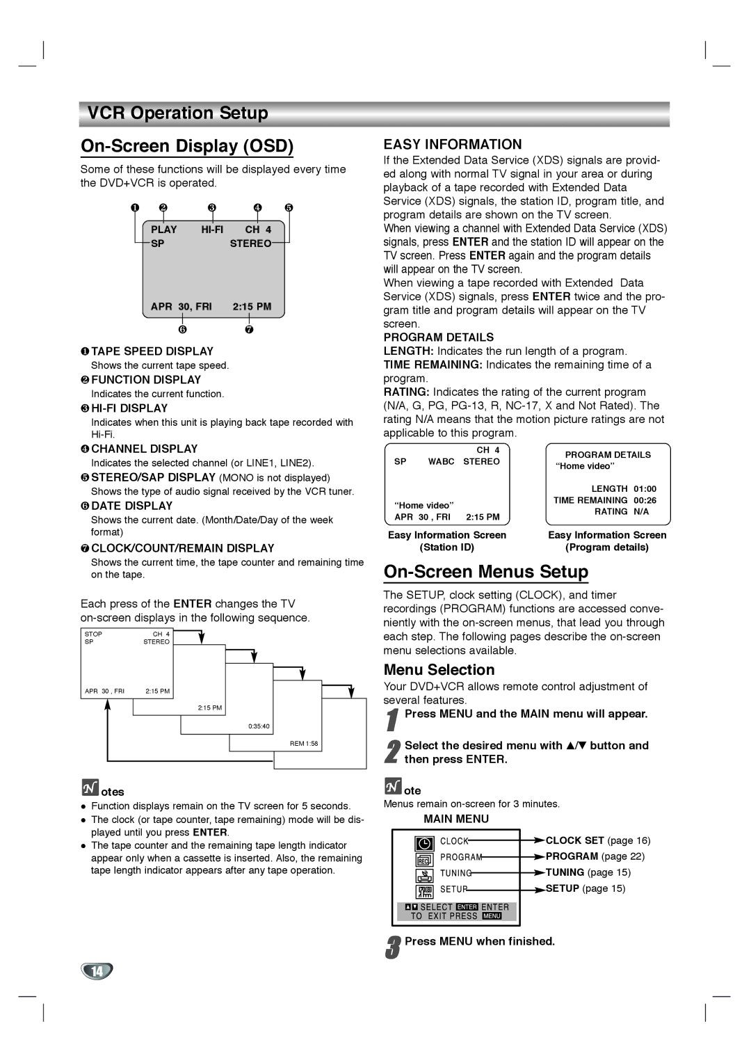 Goldstar GBV441 owner manual VCR Operation Setup On-Screen Display OSD, On-Screen Menus Setup, Menu Selection 