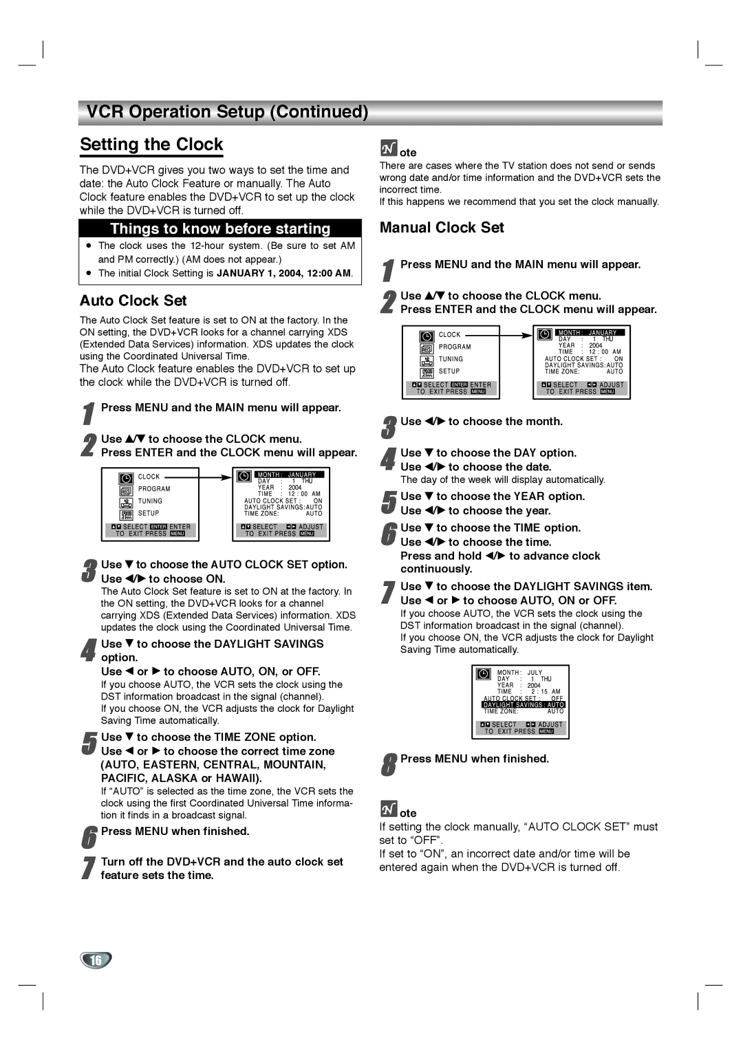 Goldstar GBV441 owner manual VCR Operation Setup Setting the Clock, Auto Clock Set, Manual Clock Set 