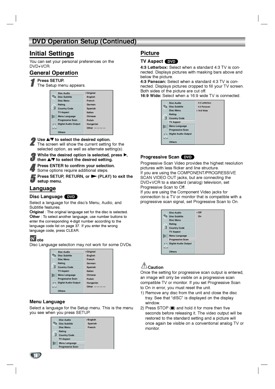 Goldstar GBV441 owner manual DVD Operation Setup Initial Settings, General Operation, Language, Picture 