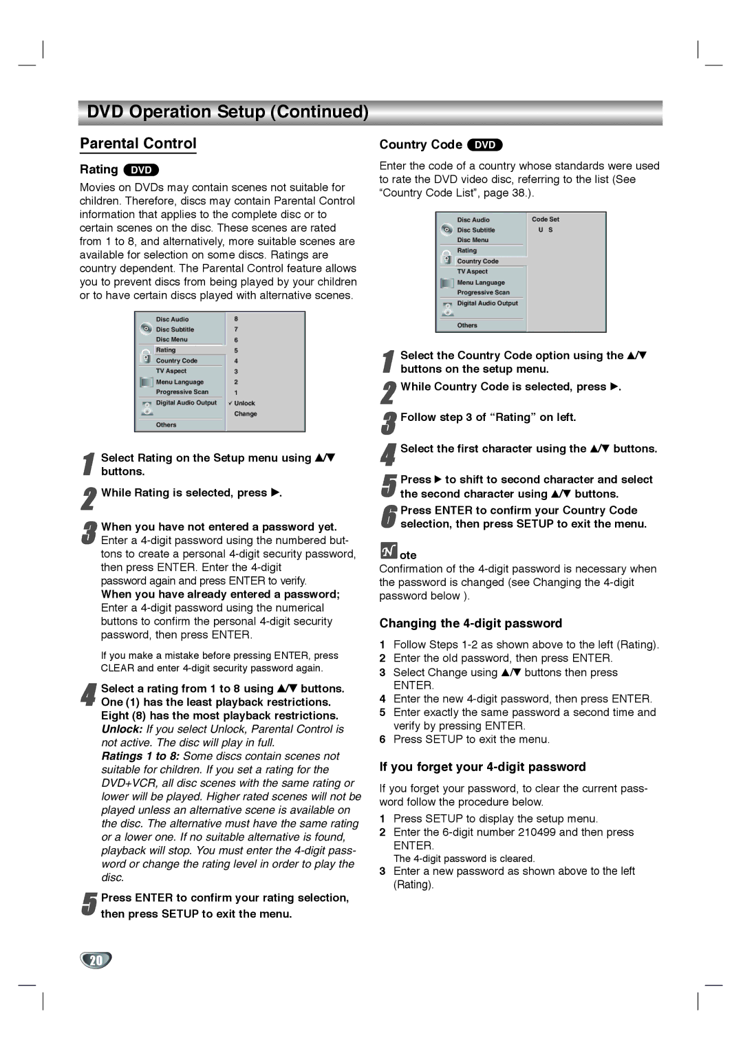 Goldstar GBV441 owner manual Parental Control, Rating DVD, Country Code DVD, Changing the 4-digit password 