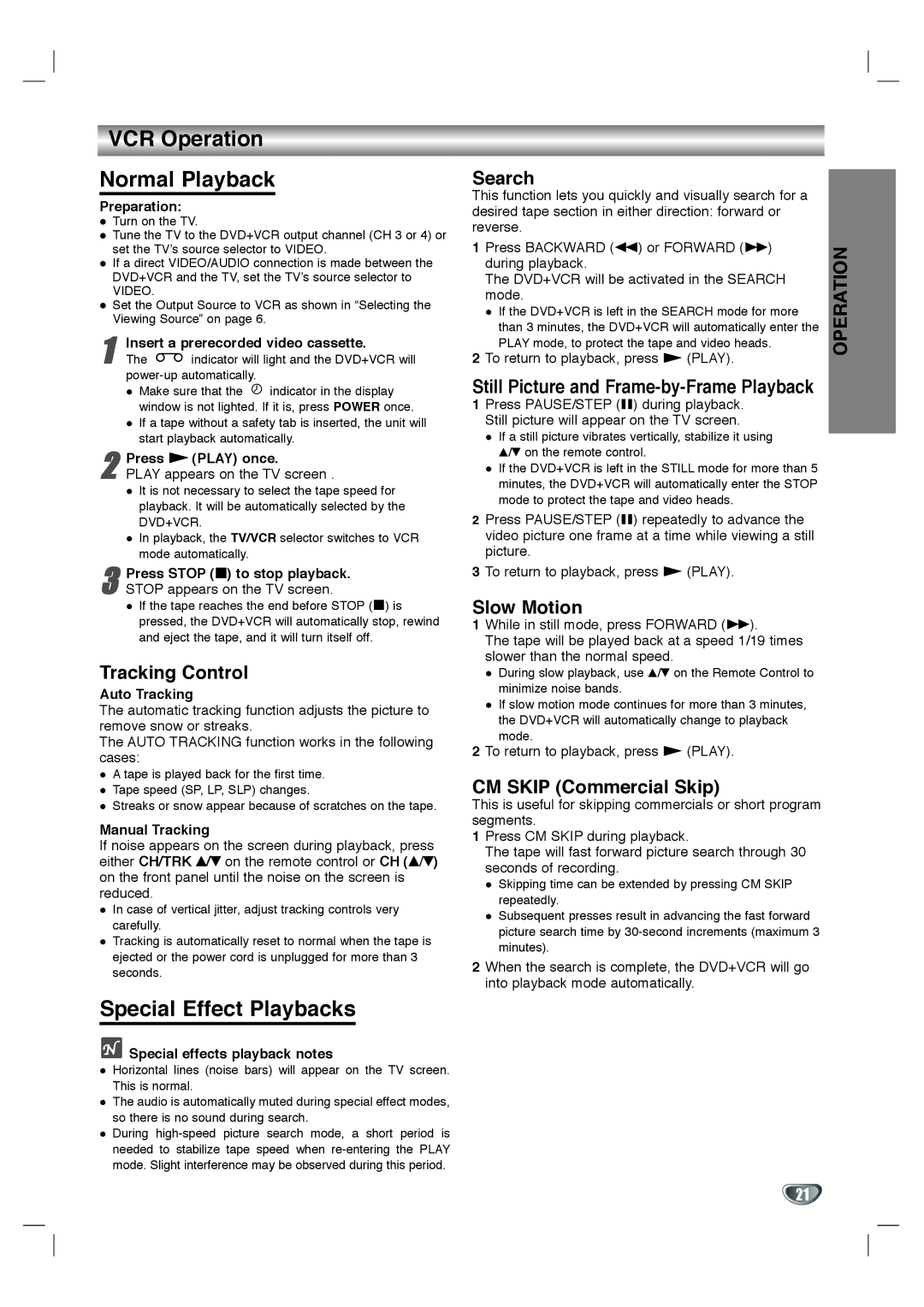 Goldstar GBV441 owner manual VCR Operation Normal Playback, Special Effect Playbacks 