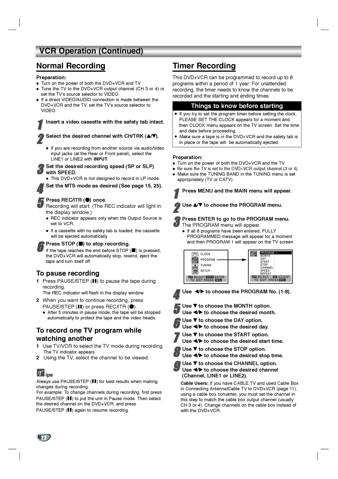 Goldstar GBV441 owner manual VCR Operation Normal Recording, Timer Recording, To pause recording 