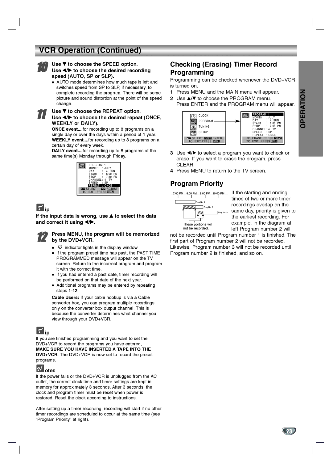 Goldstar GBV441 owner manual VCR Operation, Checking Erasing Timer Record Programming, Program Priority 