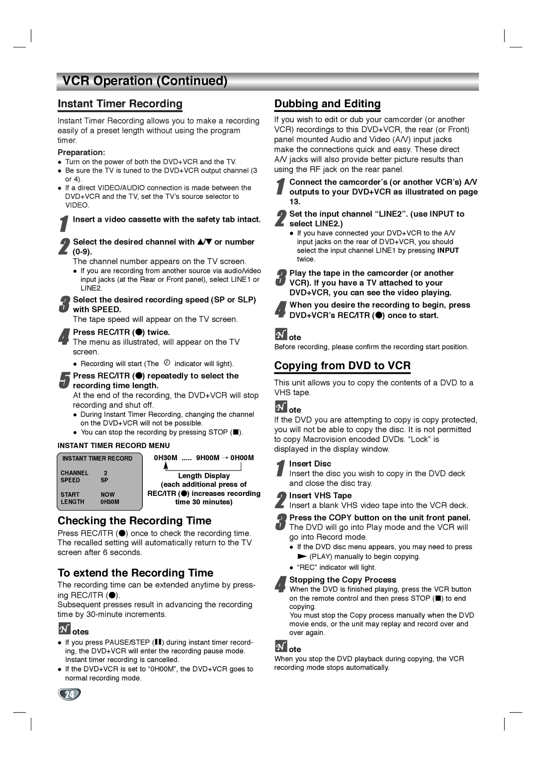 Goldstar GBV441 owner manual Instant Timer Recording, Checking the Recording Time, To extend the Recording Time 