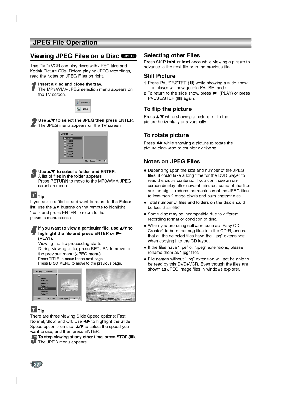 Goldstar GBV441 owner manual Jpeg File Operation Viewing Jpeg Files on a Disc Jpeg, Selecting other Files, Still Picture 