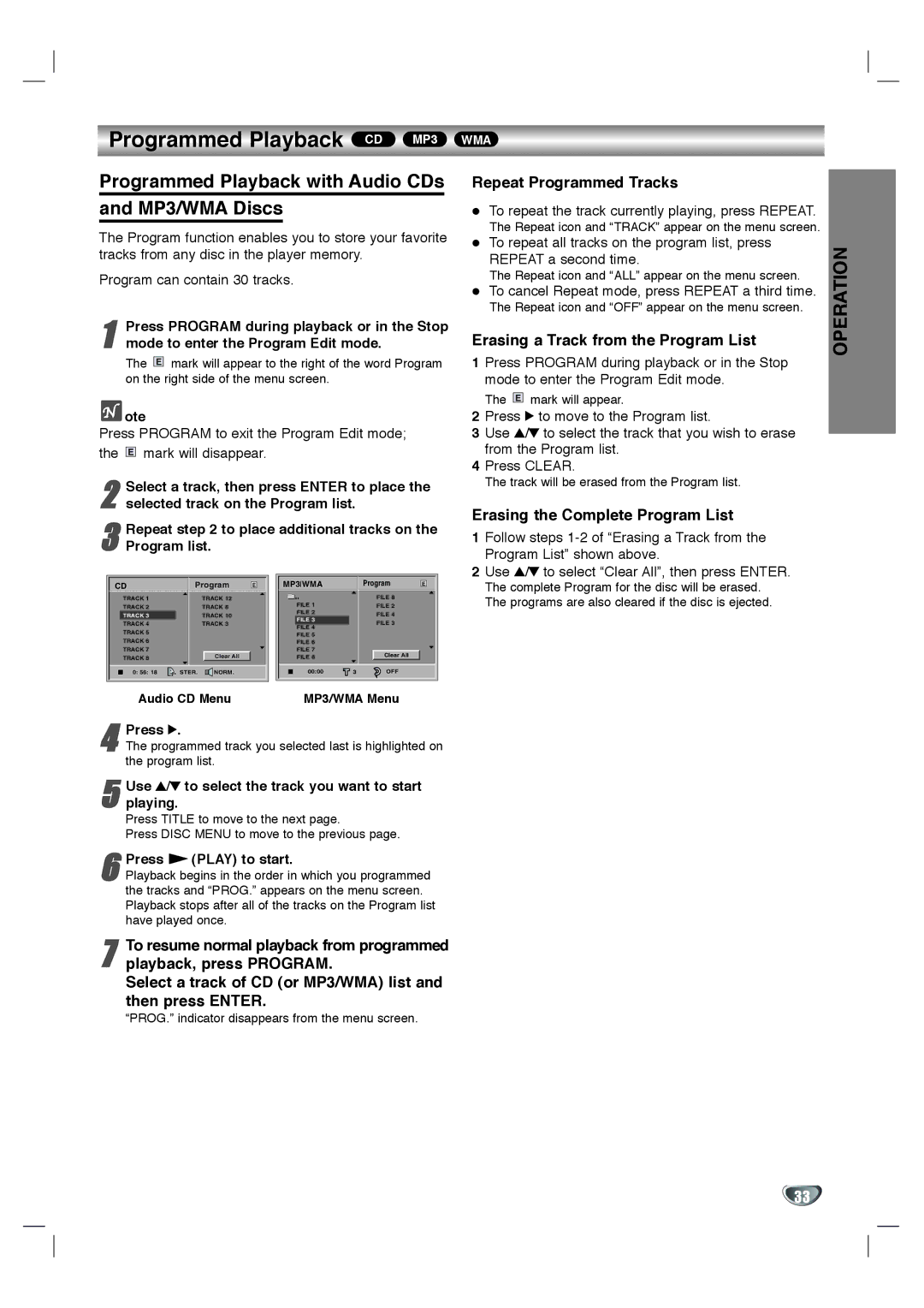 Goldstar GBV441 owner manual Programmed Playback CD MP3 WMA, Programmed Playback with Audio CDs and MP3/WMA Discs 