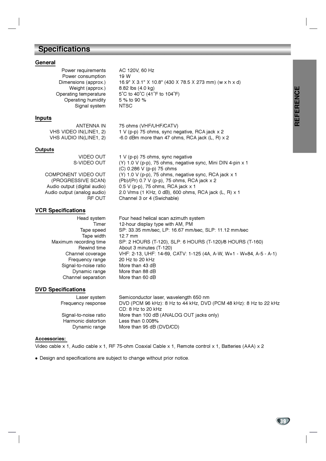 Goldstar GBV441 owner manual General, Inputs, VCR Specifications, DVD Specifications 