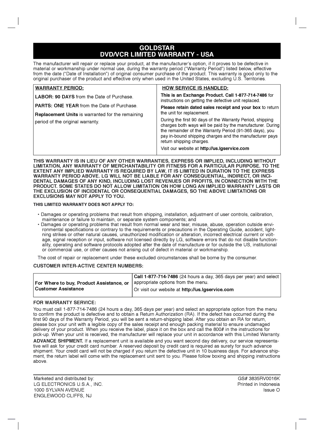 Goldstar GBV441 Warranty Period HOW Service is Handled, Customer INTER-ACTIVE Center Numbers, For Warranty Service 