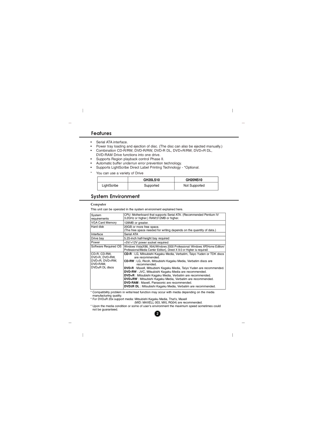 Goldstar GH20 manual Features, System Environment 