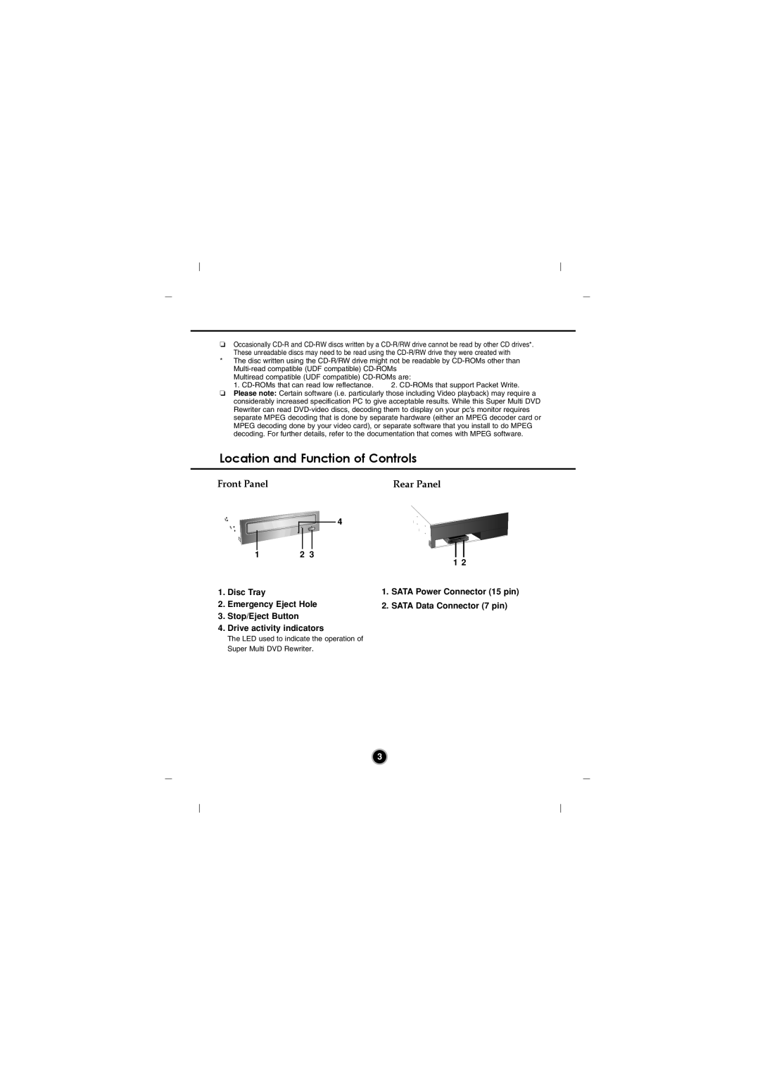 Goldstar GH20 manual Location and Function of Controls, Front Panel Rear Panel 