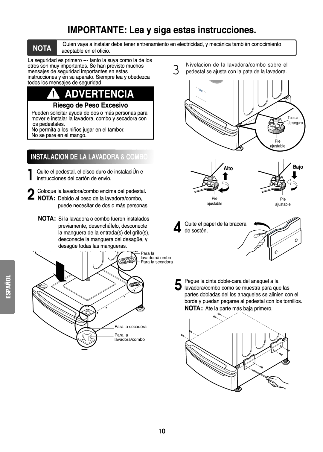 Goldstar LG 27 installation instructions Instalacion DE LA Lavadora & Combo 