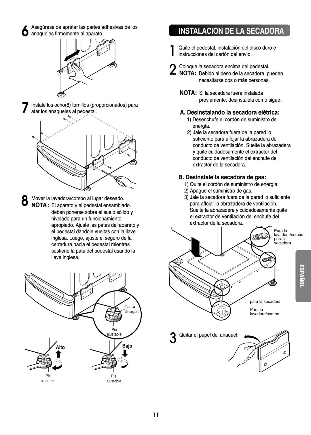 Goldstar LG 27 installation instructions Instalacion DE LA Secadora 