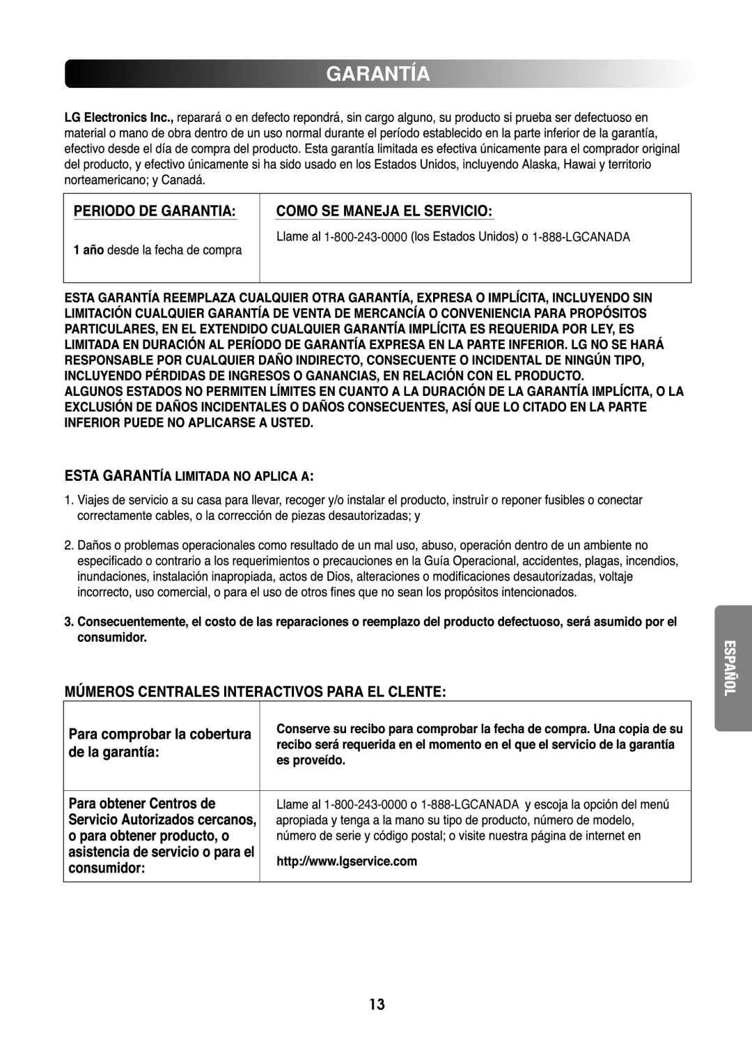 Goldstar LG 27 installation instructions Garantía 