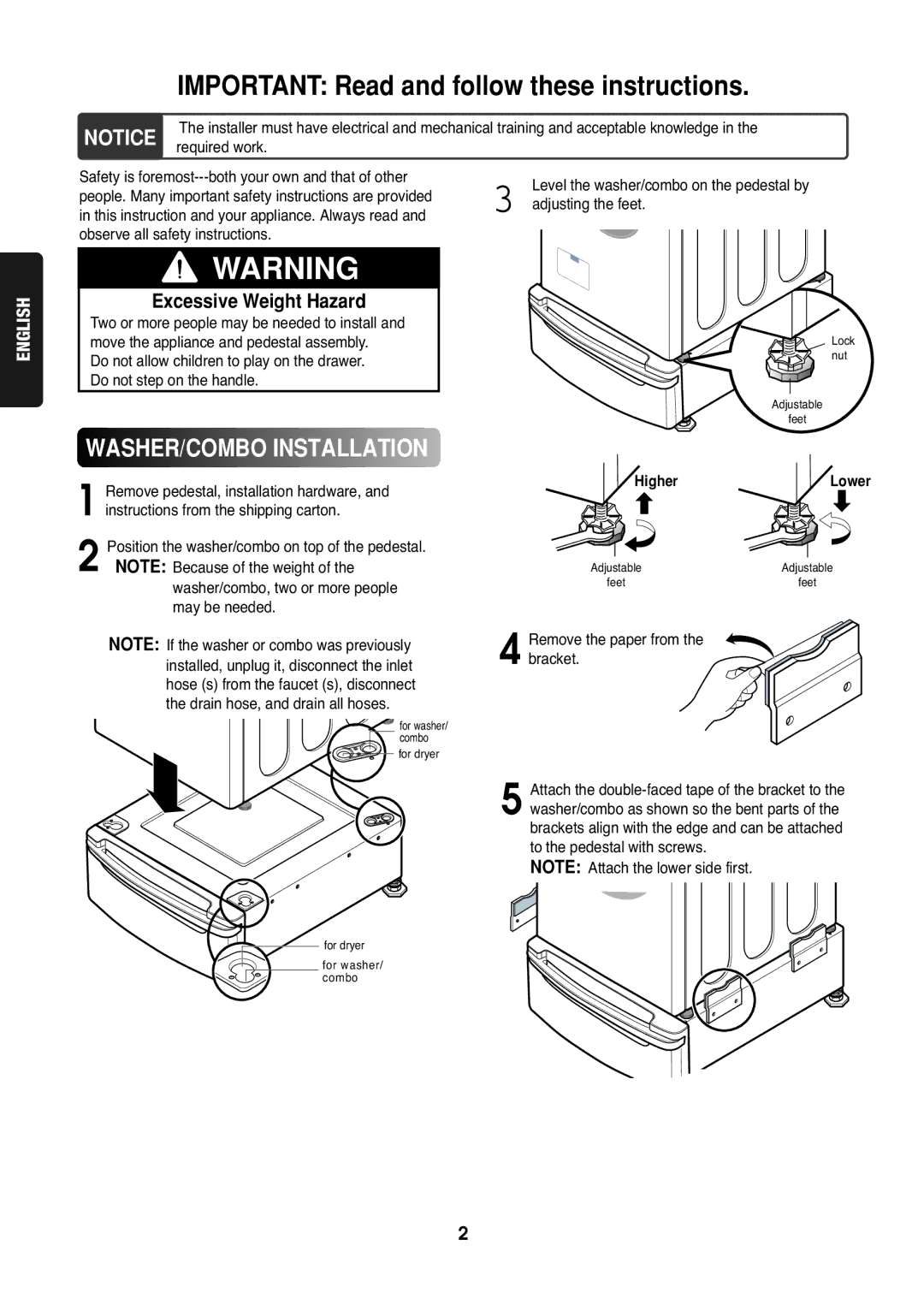 Goldstar LG 27 installation instructions Important Read and follow these instructions, WASHER/COMBO Installation 