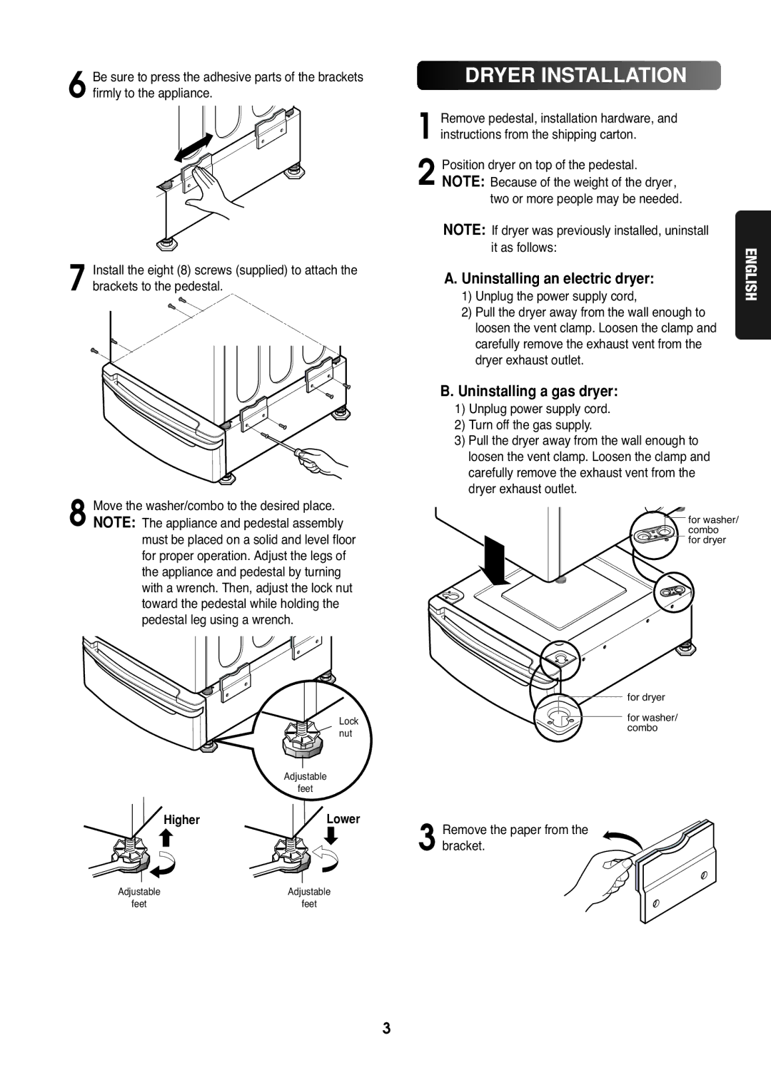 Goldstar LG 27 installation instructions Dryer Installation, Uninstalling an electric dryer 