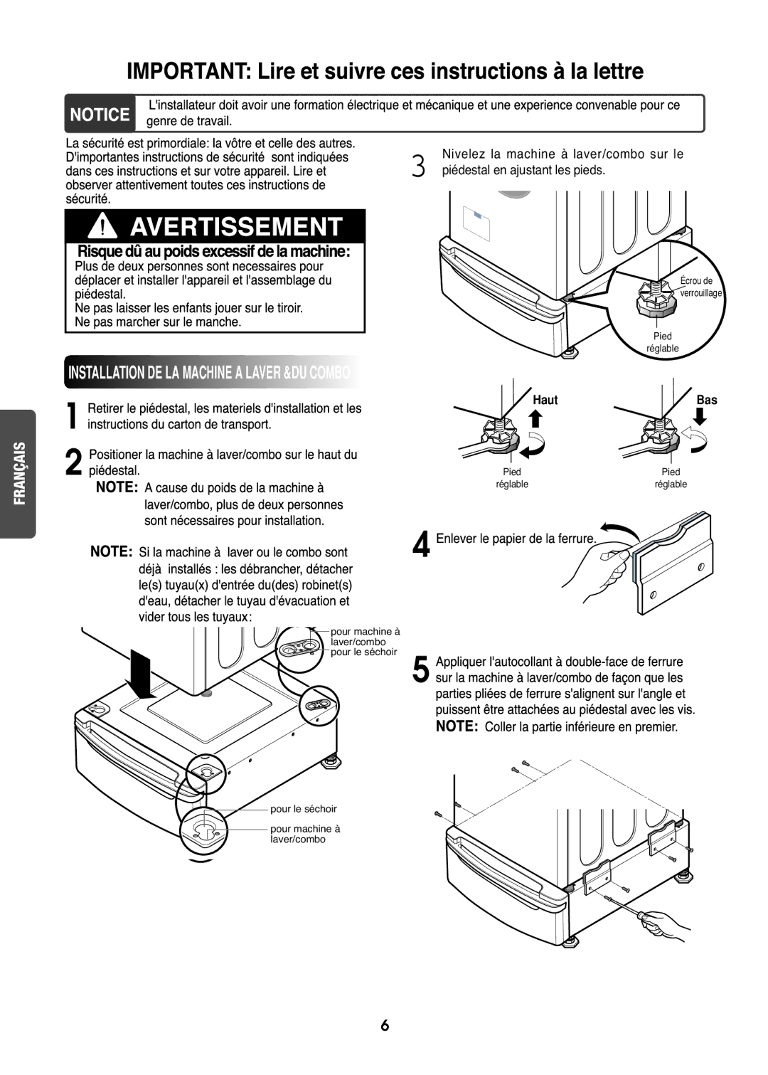 Goldstar LG 27 installation instructions Installation DE LA Machine a Laver &DU Combo 