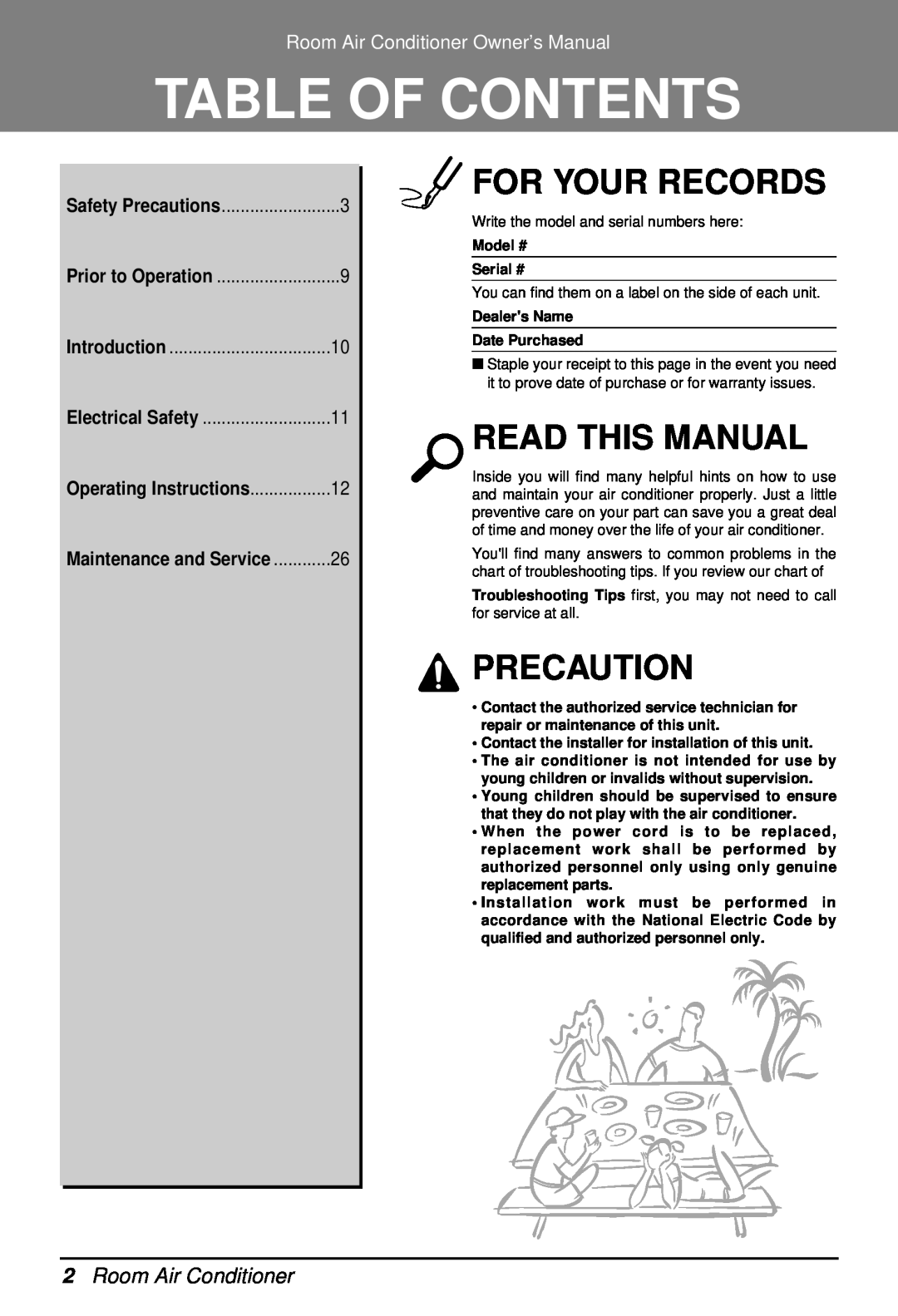 Goldstar LS242CE owner manual 2Room Air Conditioner, Table Of Contents, For Your Records, Read This Manual, Precaution 