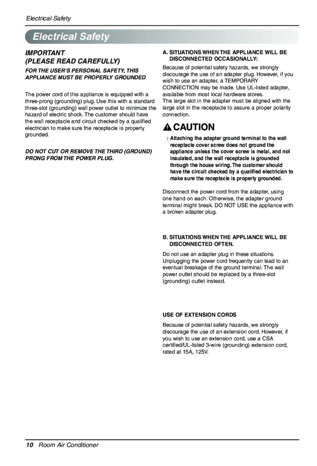 Goldstar LT1230CR owner manual Electrical Safety, Please Read Carefully 