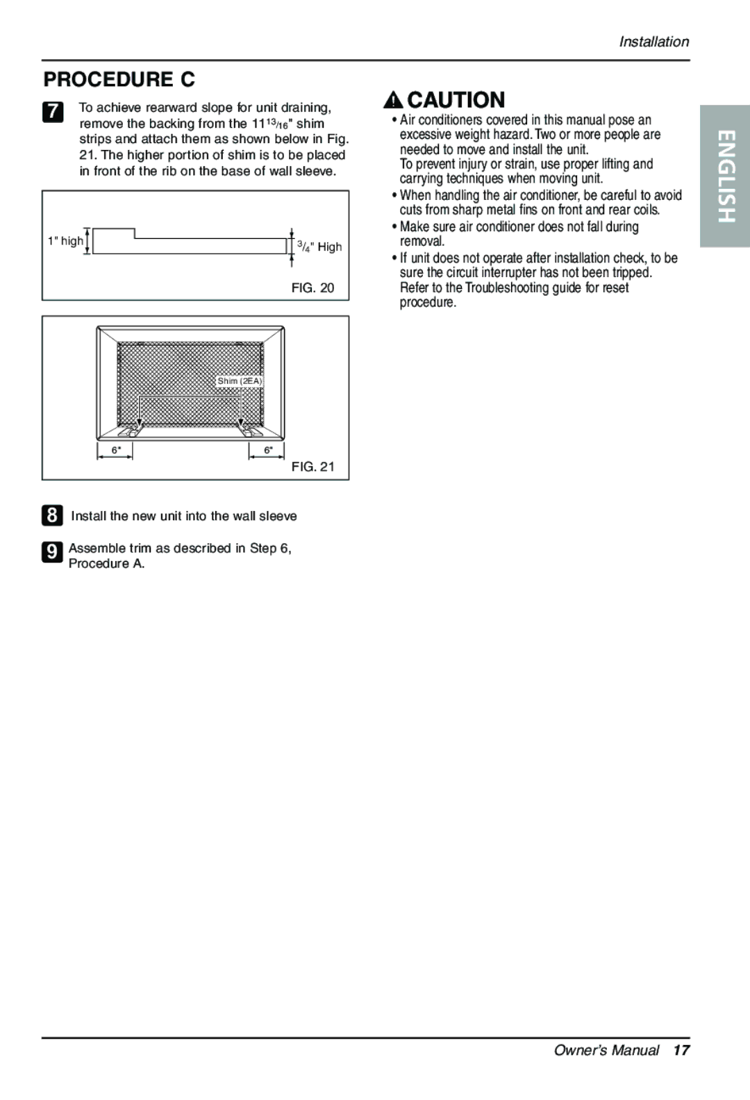 Goldstar LT1230CR owner manual To achieve rearward slope for unit draining, Remove the backing from the 1113/16 shim 