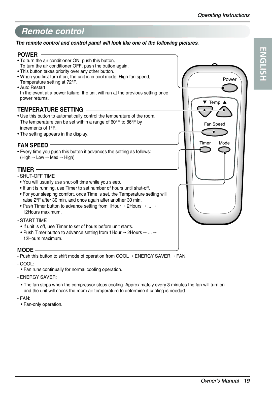 Goldstar LT1230CR owner manual Remote control, Increments of 1 F, FAN Fan-only operation 