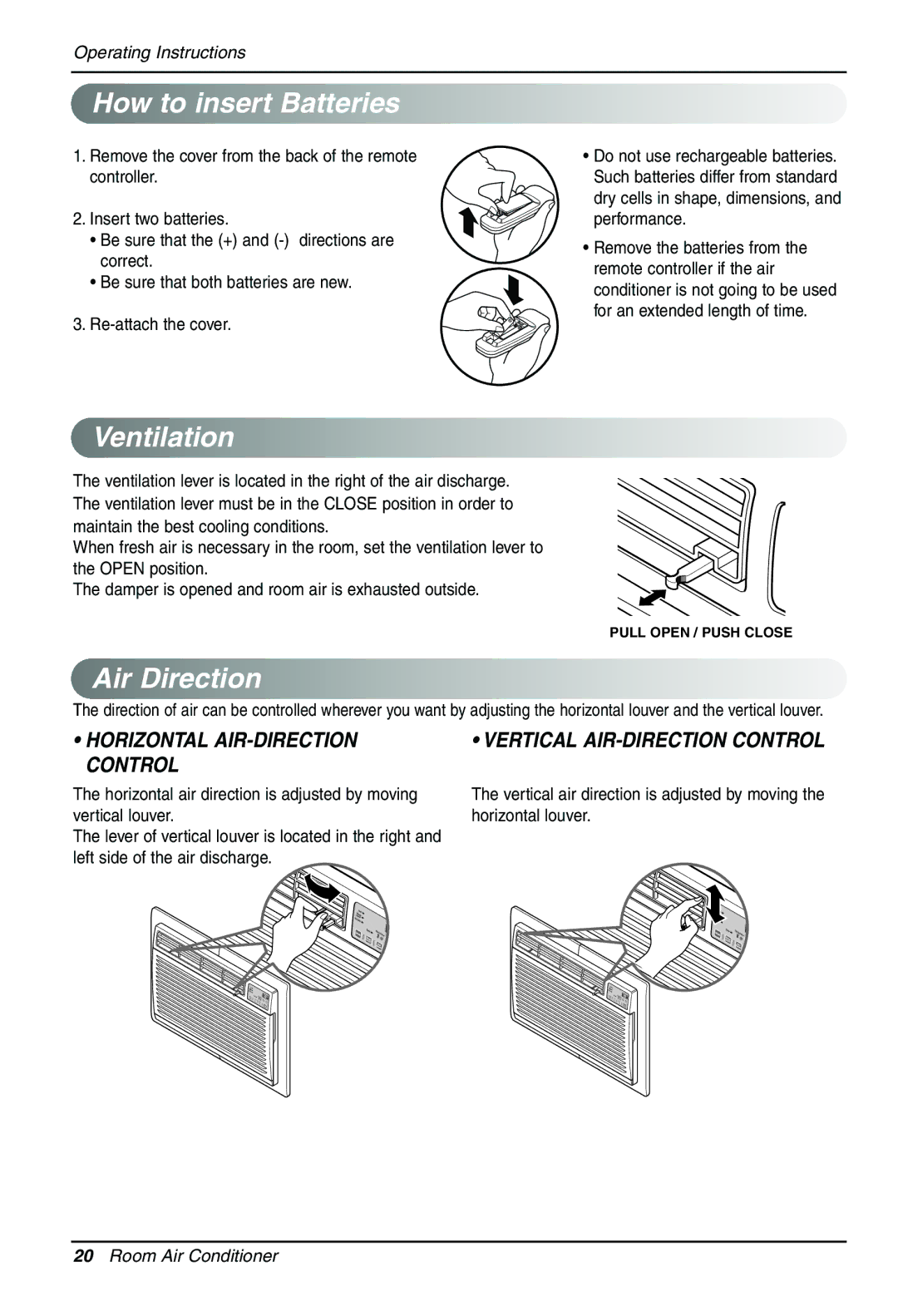 Goldstar LT1230CR owner manual How to insert Batteries, Ventilation, Air Direction 