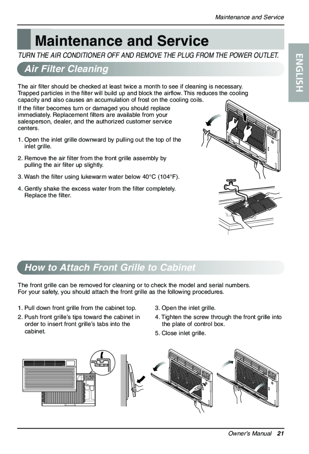 Goldstar LT1230CR owner manual Maintenance and Service, Air Filter Cleaning, How to Attach Front Grille to Cabinet 