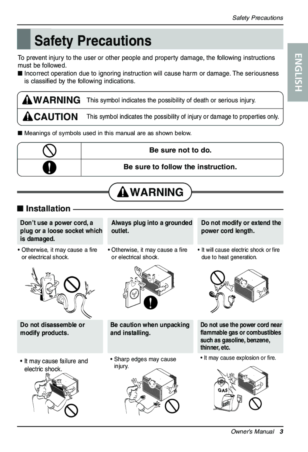 Goldstar LT1230CR owner manual Safety Precautions, Don’t use a power cord, a Always plug into a grounded 