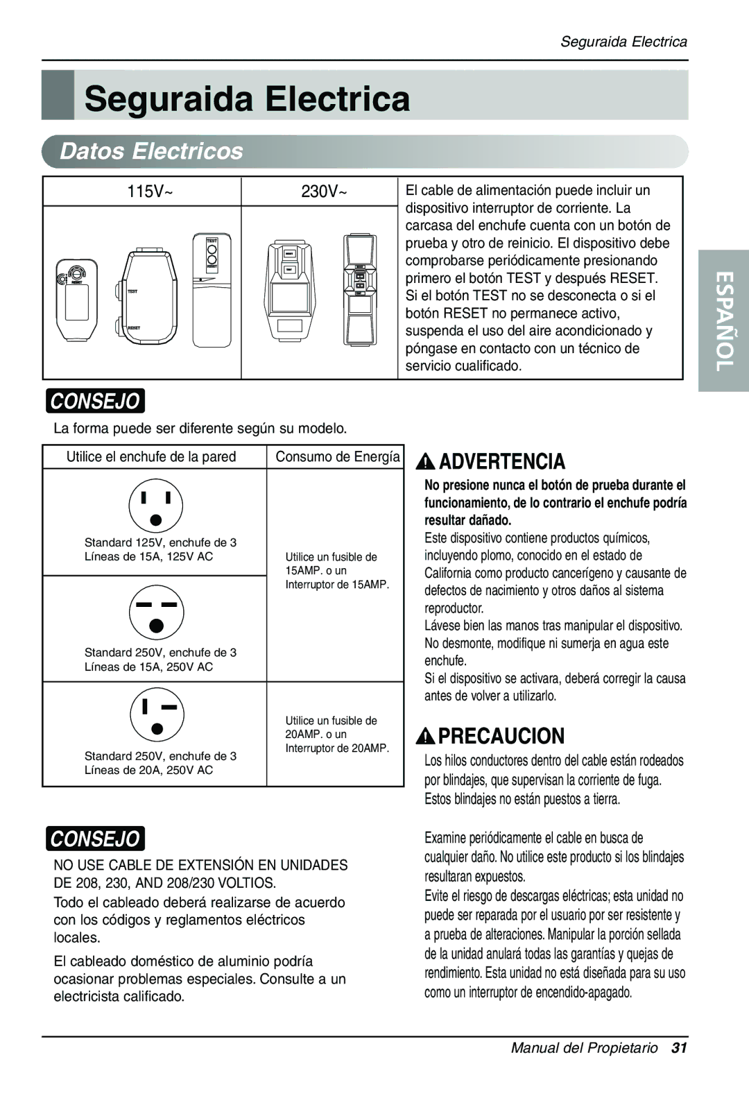 Goldstar LT1230CR owner manual Seguraida Electrica, Datos Electricos 