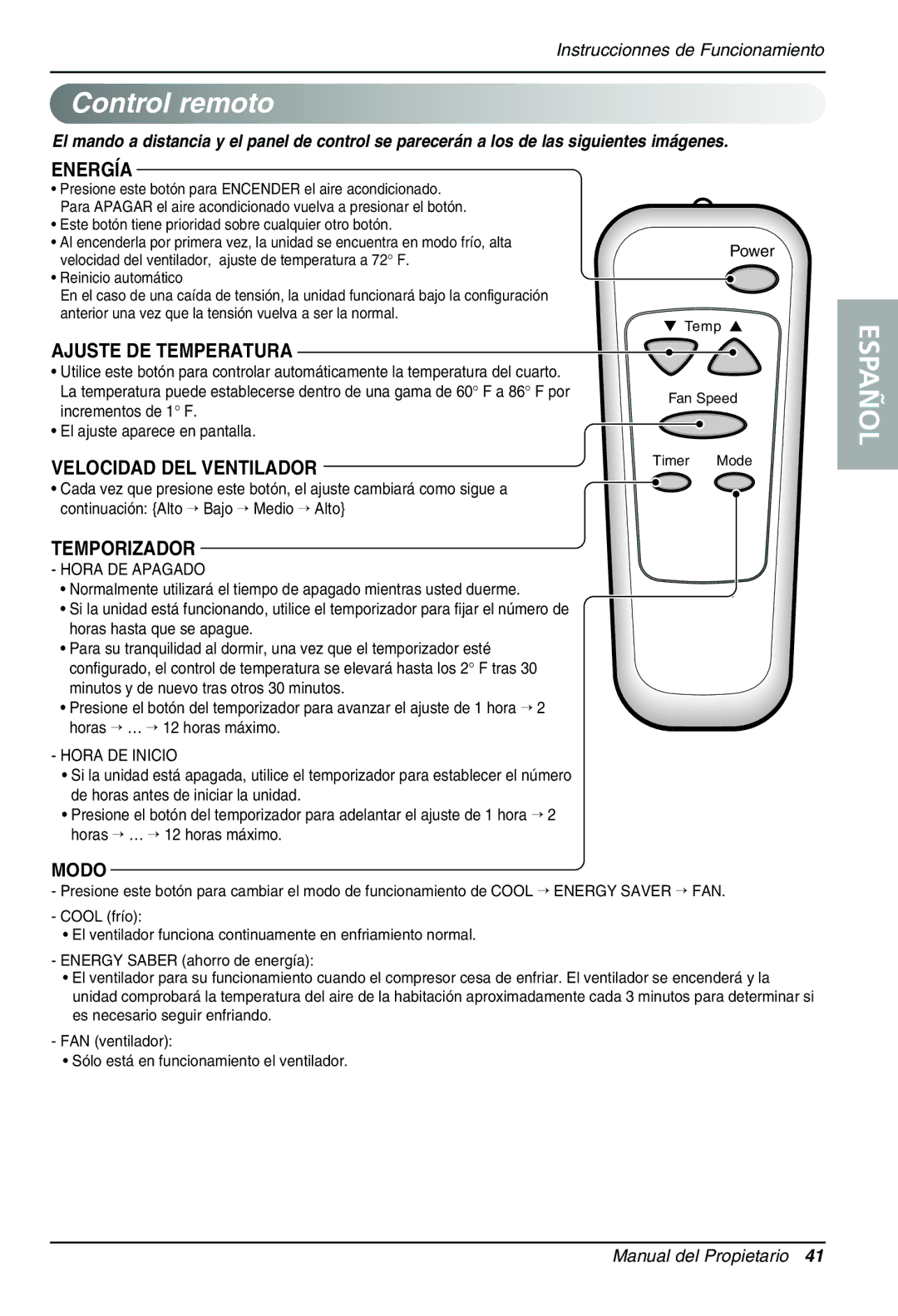 Goldstar LT1230CR owner manual Control remoto, Reinicio automático, Incrementos de 1 F, El ajuste aparece en pantalla 