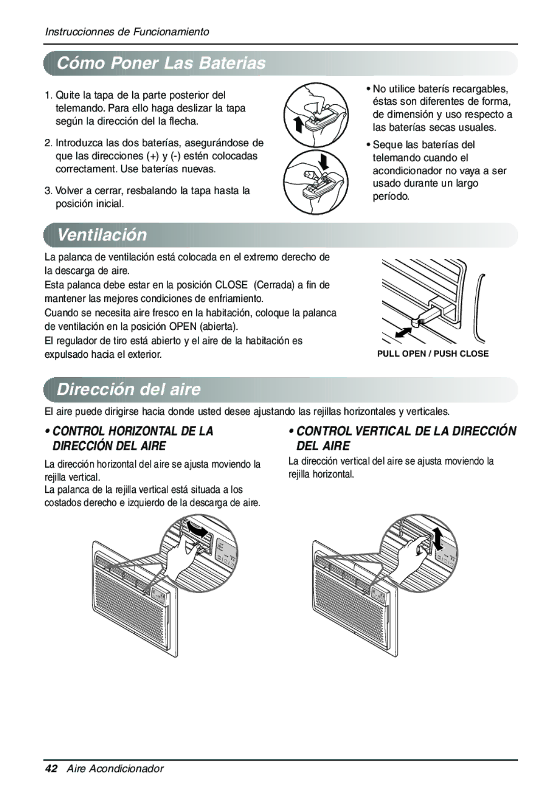 Goldstar LT1230CR owner manual Cómo Poner Las Baterias, Ventilación, Dirección del aire 