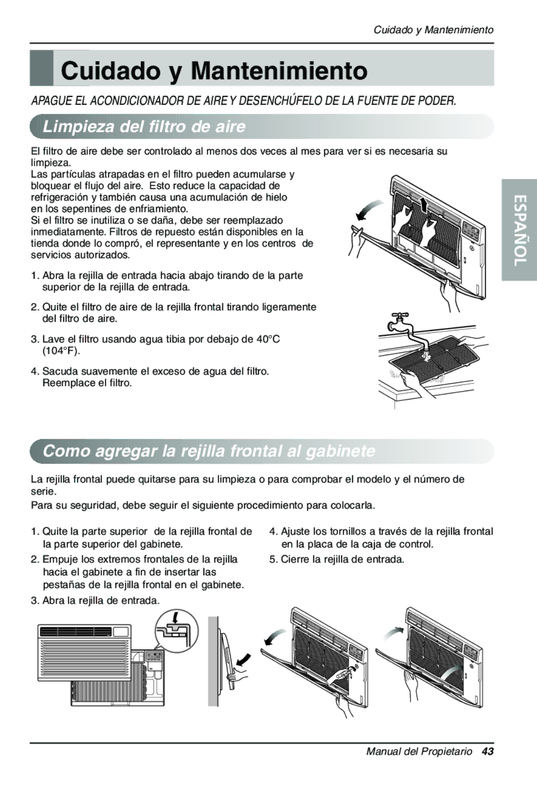 Goldstar LT1230CR Cuidado y Mantenimiento, Limpieza del filtro de aire, Como agregar la rejilla frontal al gabinete 