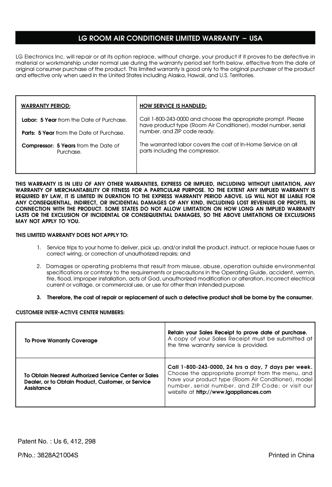 Goldstar LT1230CR owner manual LG Room AIR Conditioner Limited Warranty USA, Patent No. Us 6, 412 No A21004S 