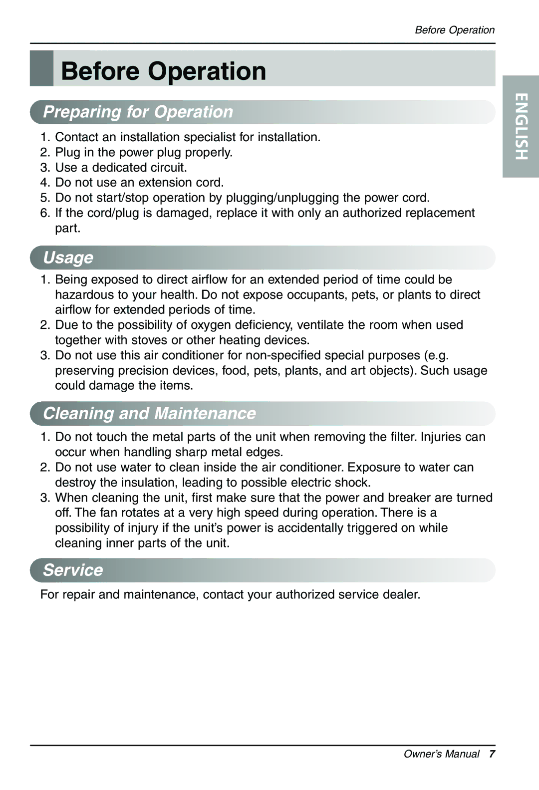 Goldstar LT1230CR owner manual Before Operation, Preparing for Operation, Usage, Cleaning and Maintenance, Service 