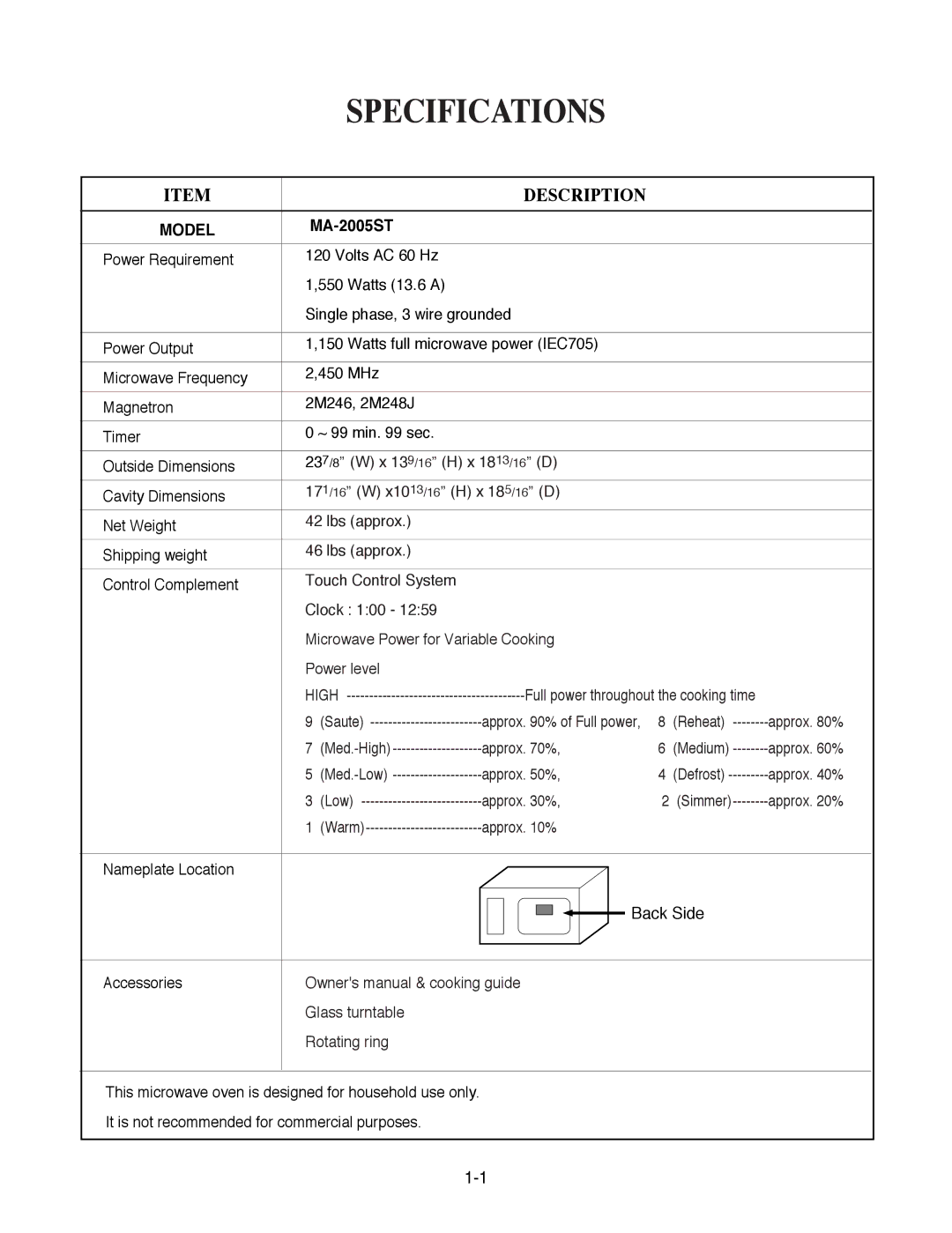 Goldstar MA-2005ST service manual Specifications 