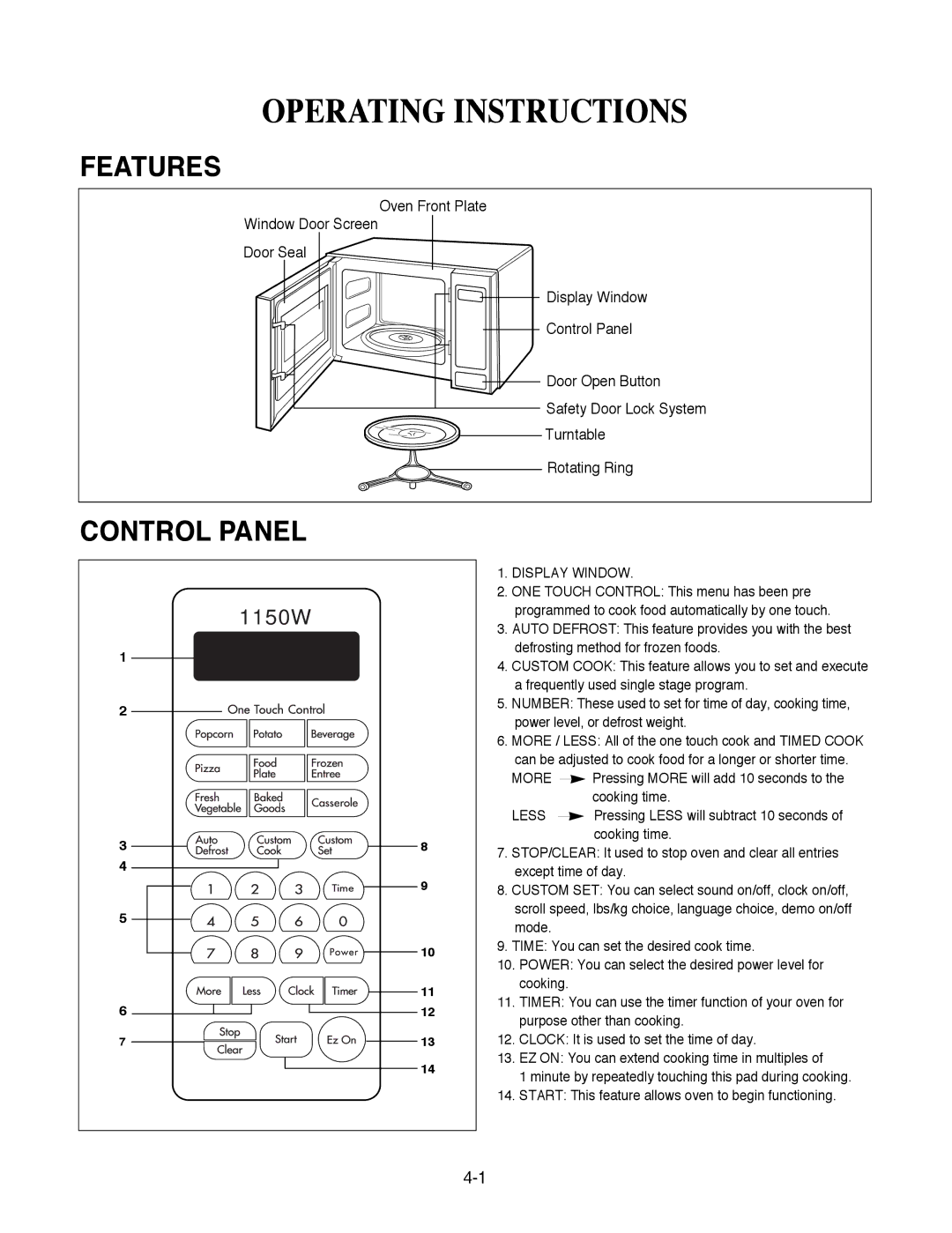 Goldstar MA-2005ST service manual Features, Control Panel 