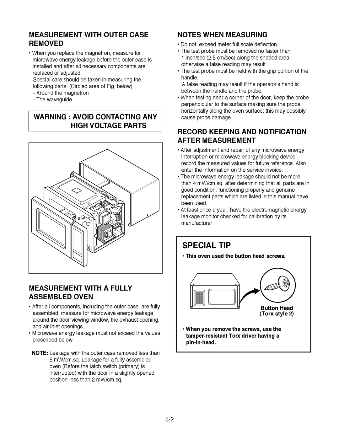 Goldstar MA-2005ST service manual Measurement with Outer Case Removed, Measurement with a Fully Assembled Oven 