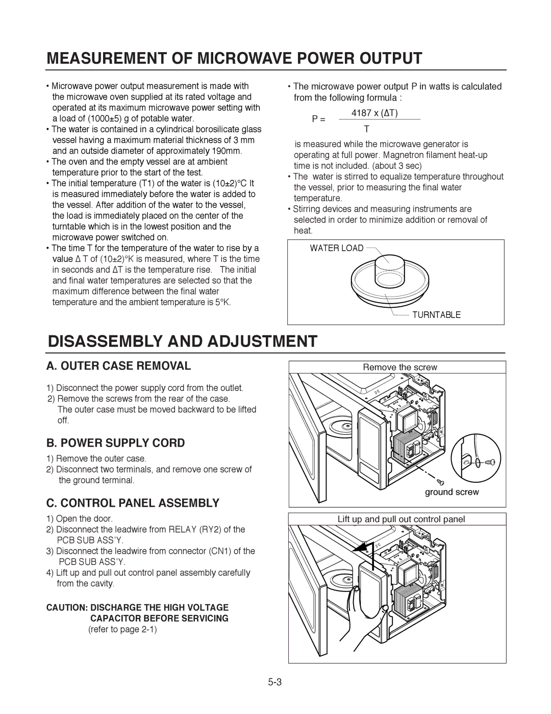 Goldstar MA-2005ST service manual Measurement of Microwave Power Output, Disassembly and Adjustment, Outer Case Removal 