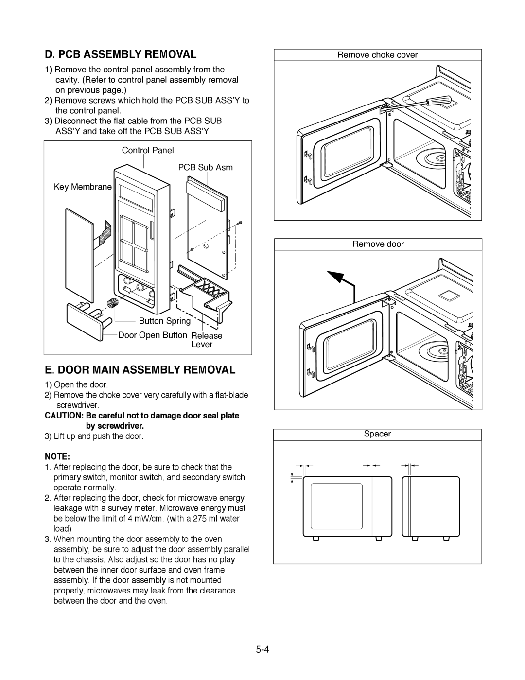 Goldstar MA-2005ST service manual PCB Assembly Removal, Door Main Assembly Removal 