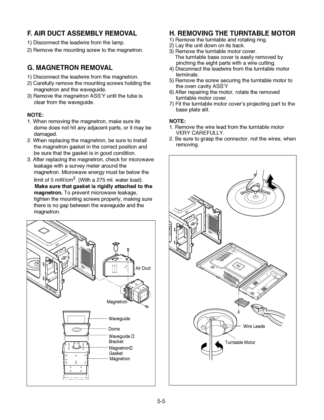 Goldstar MA-2005ST service manual AIR Duct Assembly Removal, Magnetron Removal, Removing the Turntable Motor 