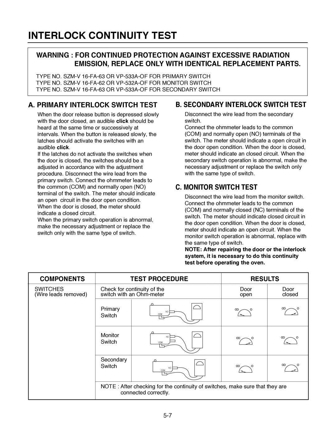 Goldstar MA-2005ST service manual Interlock Continuity Test, Primary Interlock Switch Test, Secondary Interlock Switch Test 