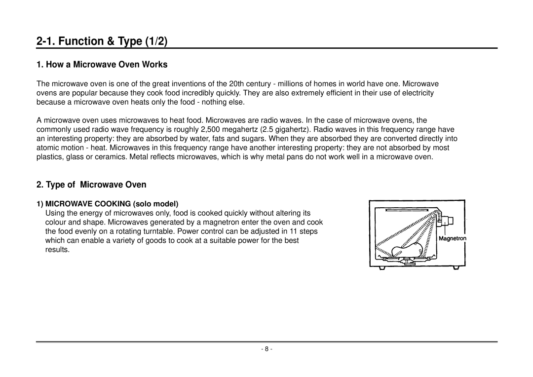 Goldstar MA-2005ST service manual Function & Type 1/2, How a Microwave Oven Works, Type of Microwave Oven 