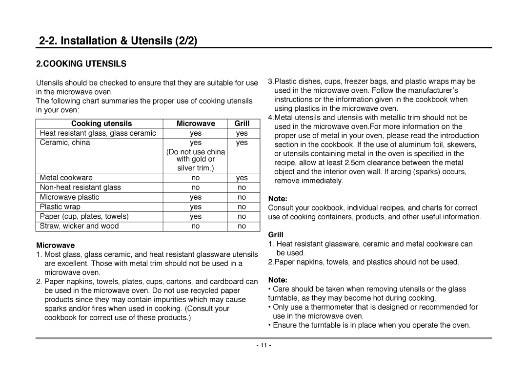 Goldstar MA-2005ST service manual Installation & Utensils 2/2, Cooking Utensils 