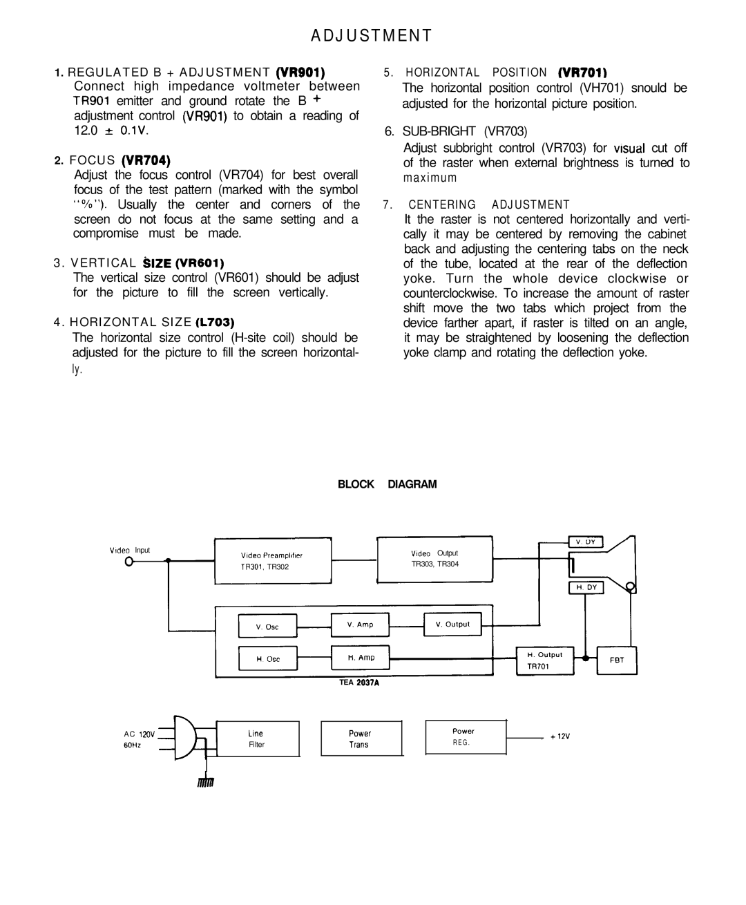 Goldstar MBM-2105GIA service manual Adjustment, Vertical Size VR601, Horizontal Size L703, Horizontal Position NR701 